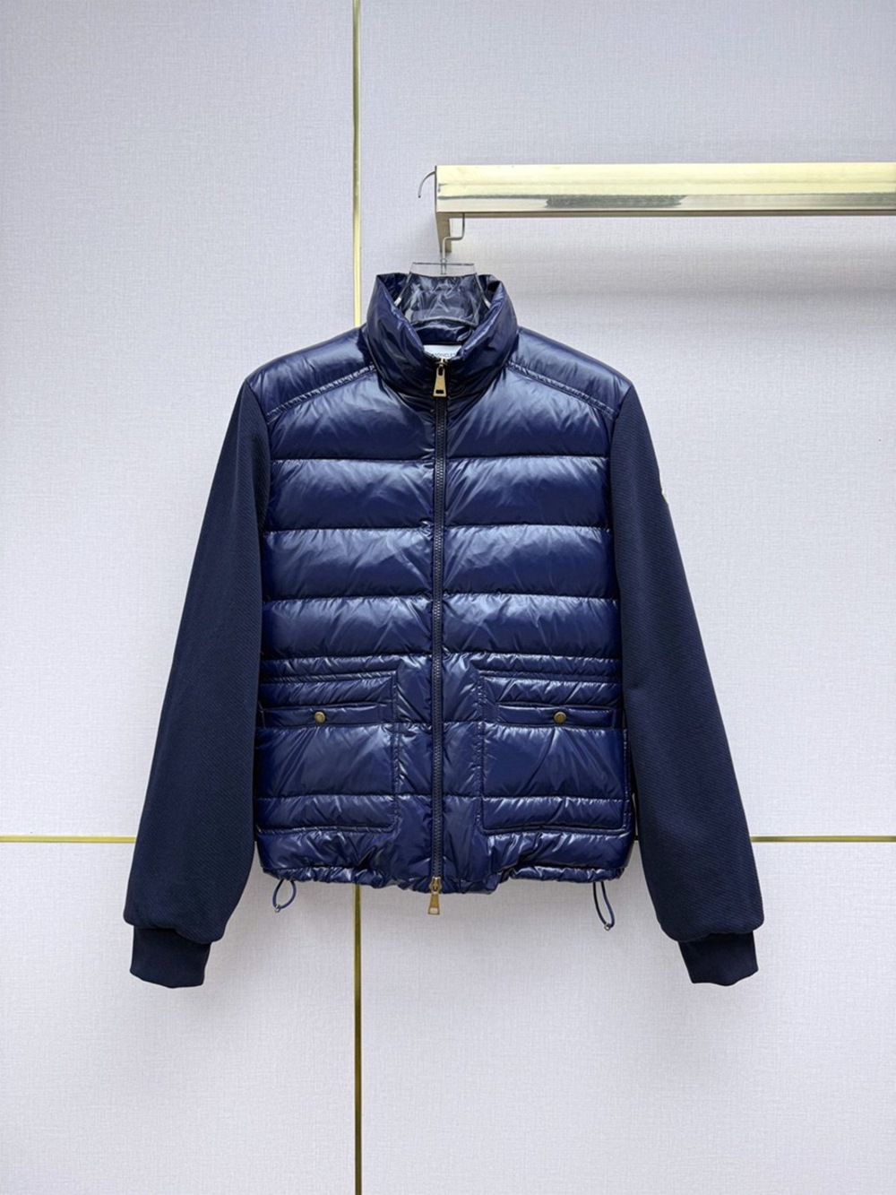 Moncler Short Stand Collar Puffer Coat Knit Sleeve Logo Patch